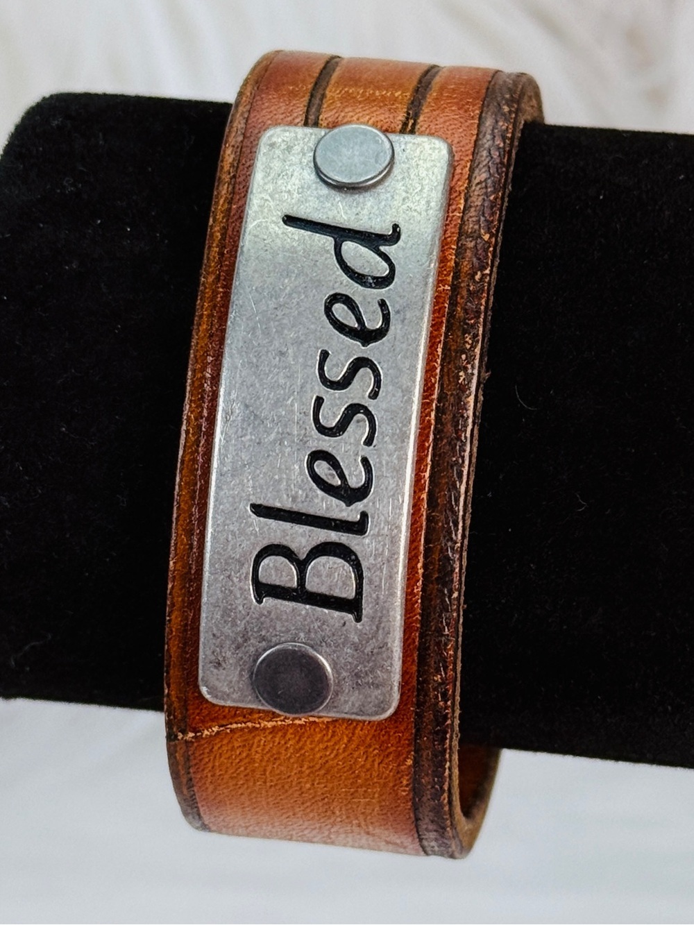 Brown Leather Blessed Inspirational Faith Snap Cuff Bracelet Rustic Western